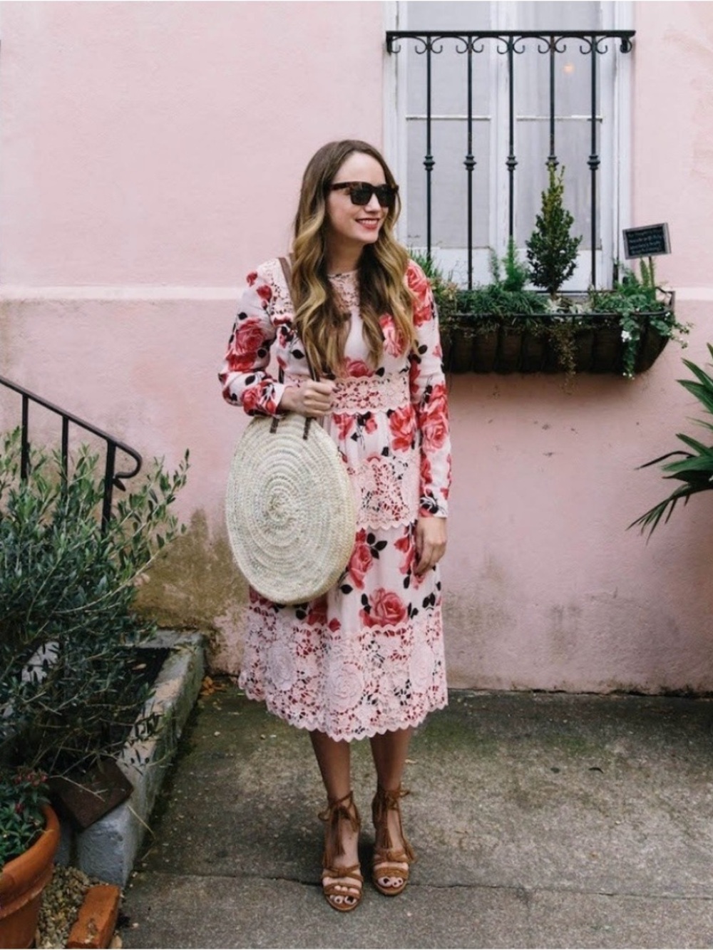 kate spade Long Sleeve Floral Lace Midi Dress - Pink & Cream - Picture 6 of 11